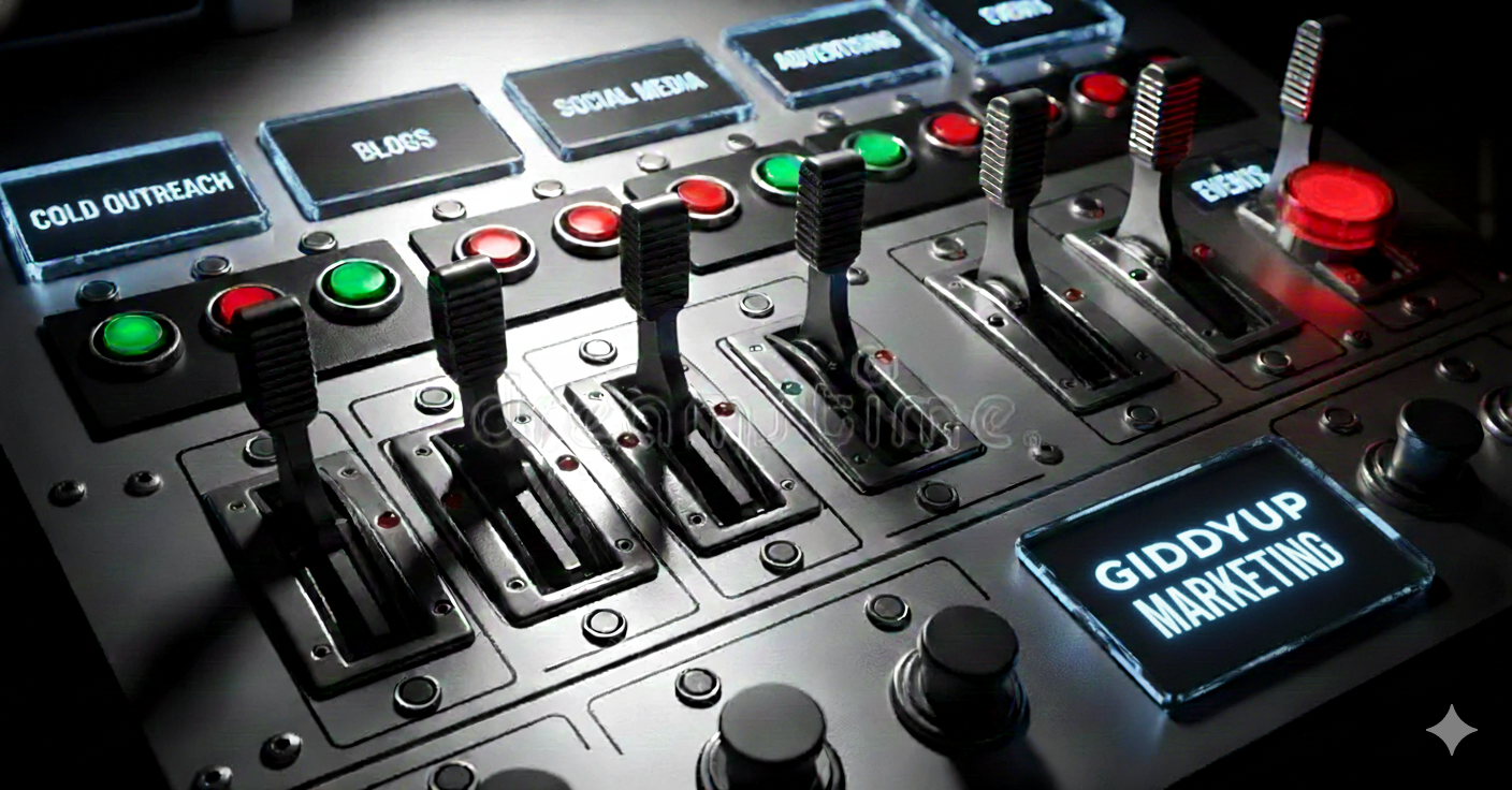 Marketing control panel illustration showing multiple levers for different marketing channels including cold outreach, blogs, social media, SEO, advertising, email nurture, and events